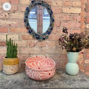 Pink and Red Ceramic Dining Bowl with Intricate Patterns